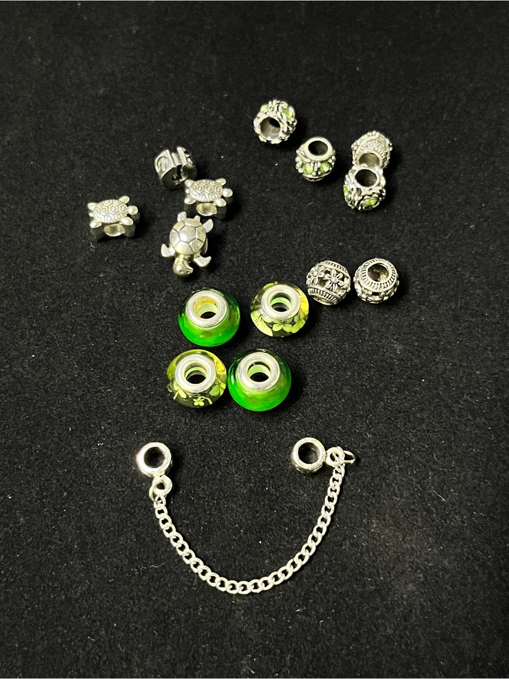 Lot of European Charm Bracelet Beads - Green Glass, Turtles & Silver Spacers